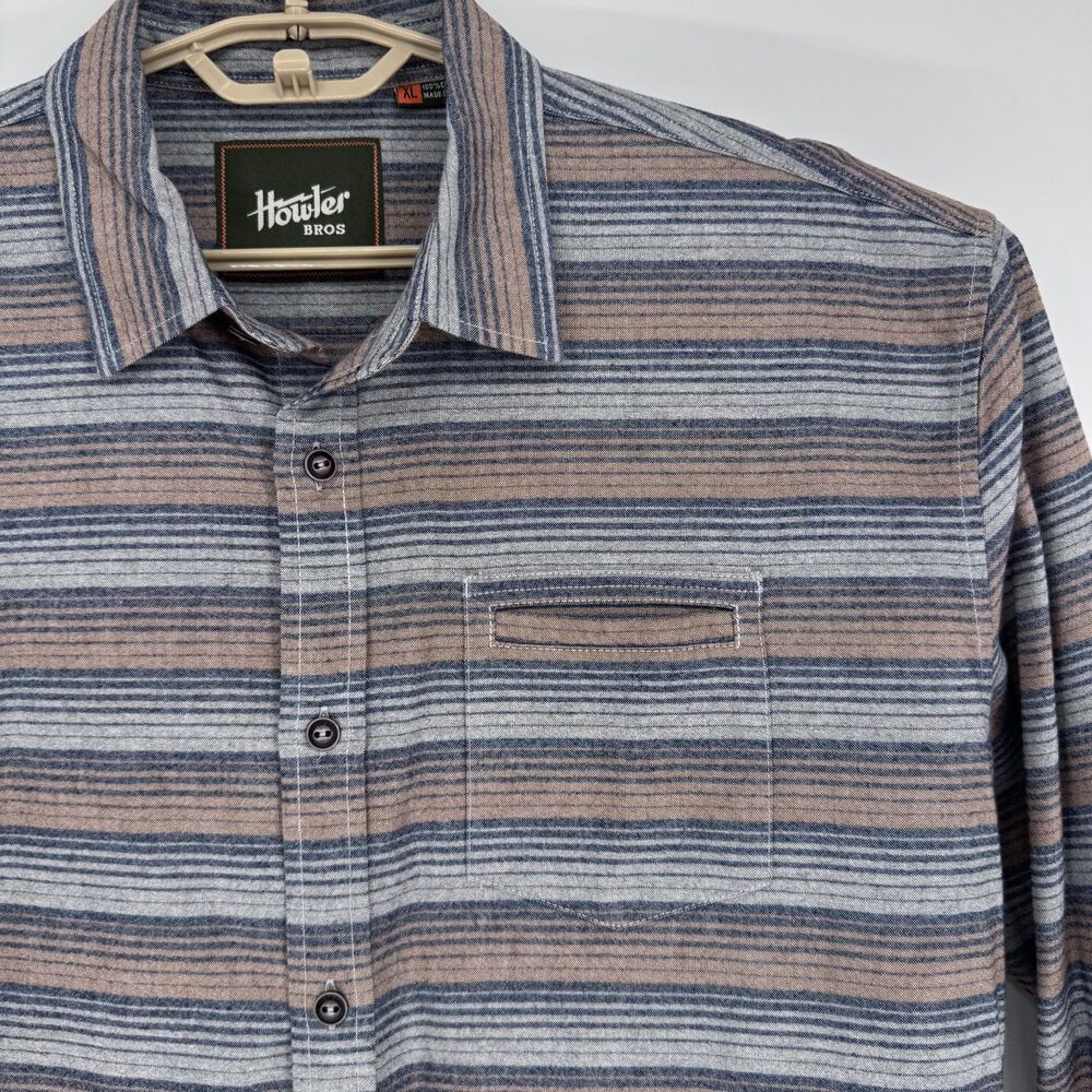 Howler Brothers Enfield Shirt Mens XL Equator Stripe Dusk Cotton Elbow Patch